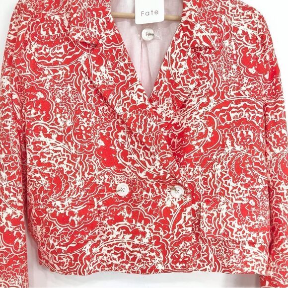 FATE Red Orange Linen Cotton Floral Print Cropped V Neck Spring Blazer NEW - Picture 7 of 16
